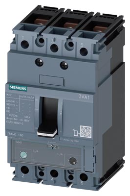 SIEMENS LOW VOLTAGE 3VA IEC MOLDED CASE CIRCUIT BREAKER WITH THERMAL - MAGNETICTRIP UNIT. 3VA11 FRAME WITH STANDARD (CLASS S) BREAKING CAPACITY. 63A 3-POLE Icu (7KAIC AT 690V) (36KAIC AT 415V). TM240 TRIP UNIT WITH ADJUSTABLE Ir ADJUSTABLE Ii. SPECIAL FEATURES CONNECTION WITH LUG TERMINAL / NUT KEEPER. DIMENSIONS (W x H x D) IN 3 x 5.1 x 3.5.